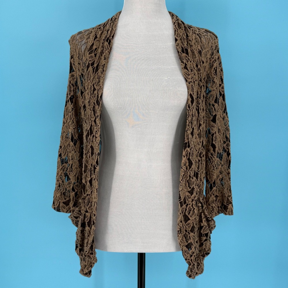 Madison Womens Brown Floral Lace Open Front Cardigan Size L Sheer Whimsy Fairy